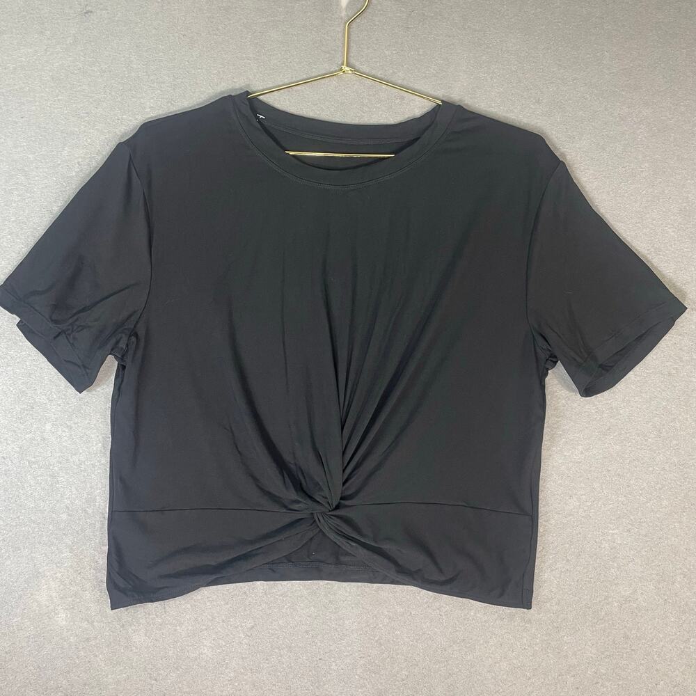 Women’s Black Twist Front Activewear Crop Top Large Stretch Short Sleeve Shirt